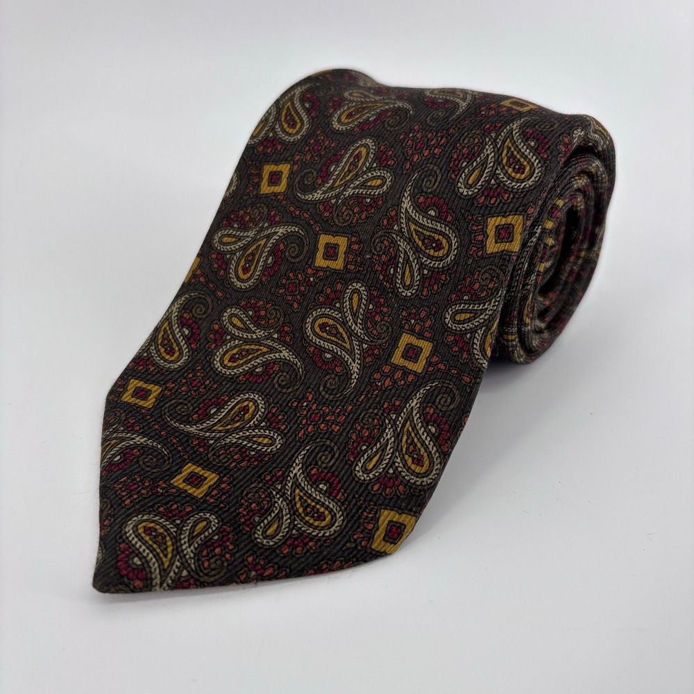 Brioni Silk Paisley Geometric Pattern Necktie Men Brown Gold Red Handmade Italy